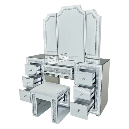 Oprah All Mirrored Glam Makeup Vanity Station With Stool - Crown Vanity 