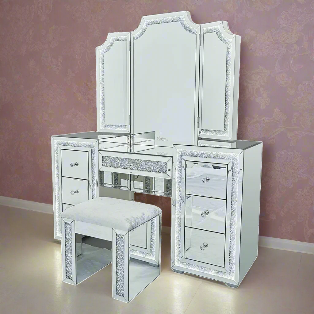 Oprah All Mirrored Glam Makeup Vanity Station With Stool - Crown Vanity 