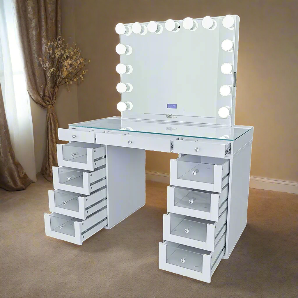 Slaystation 2.0 Hollywood Makeup Vanity Clear Drawers - White - Crown Vanity 