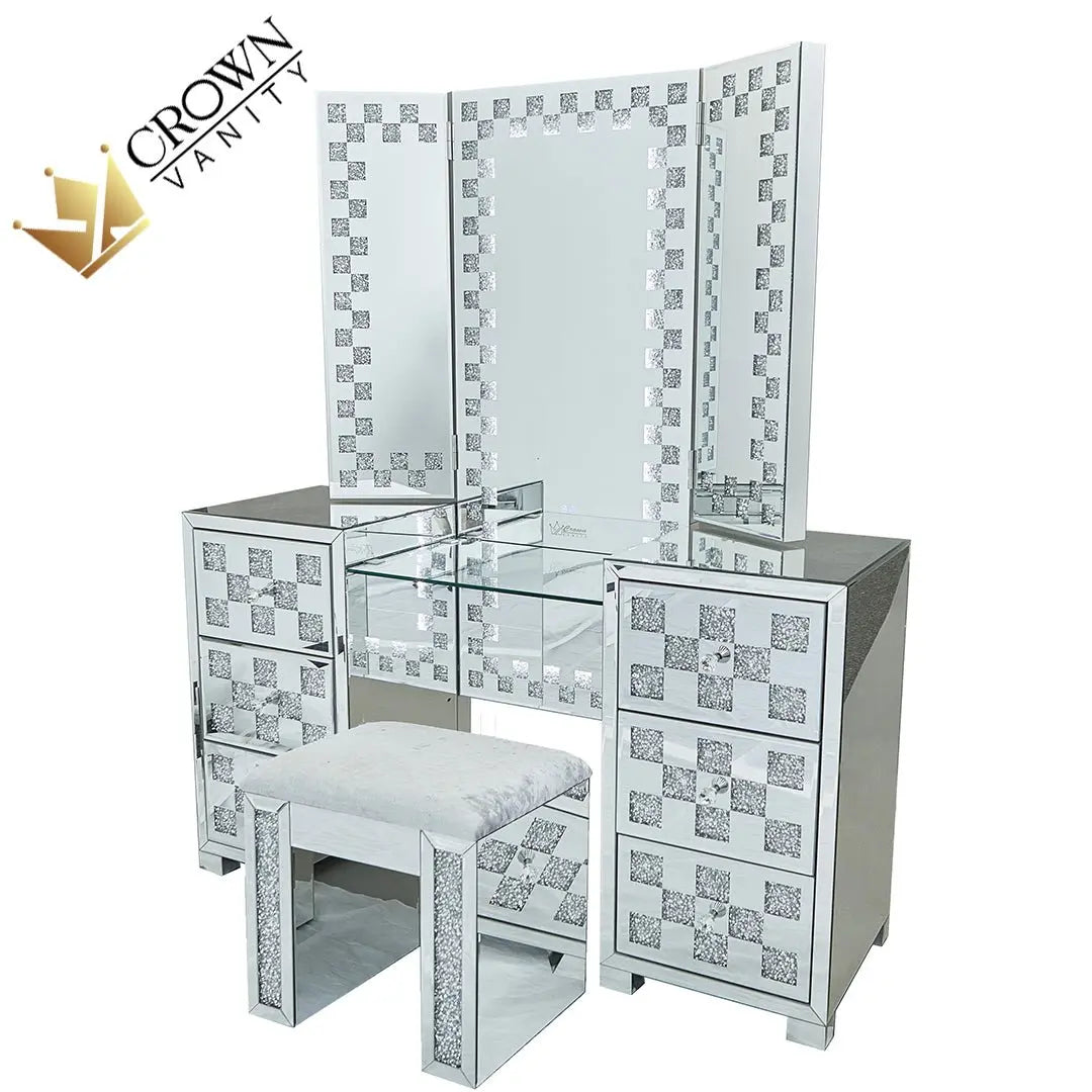 Cameron All Mirrored Glam Makeup Vanity Station SILVER W - STOOL CrownVanity