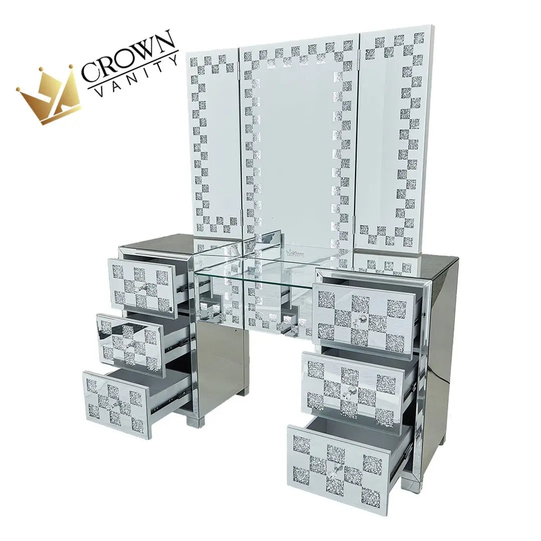 Cameron All Mirrored Glam Makeup Vanity Station SILVER W - STOOL CrownVanity