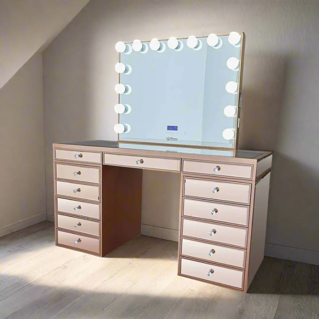 Celeste Mirrored Hollywood Makeup Vanity Station - Rose Gold finish - Crown Vanity 