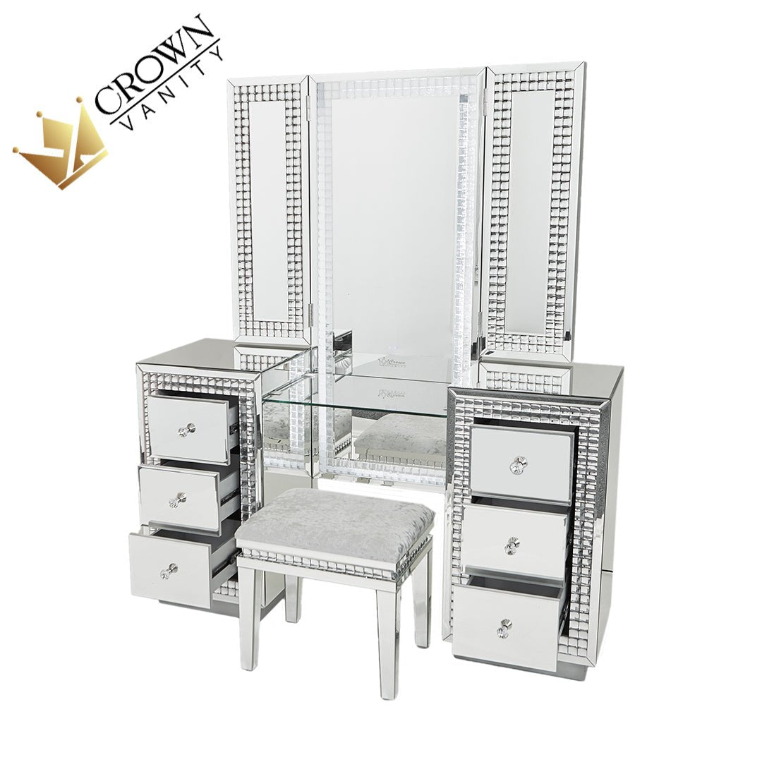 Claire All Mirrored Glam Makeup Vanity Station SILVER W - STOOL CrownVanity