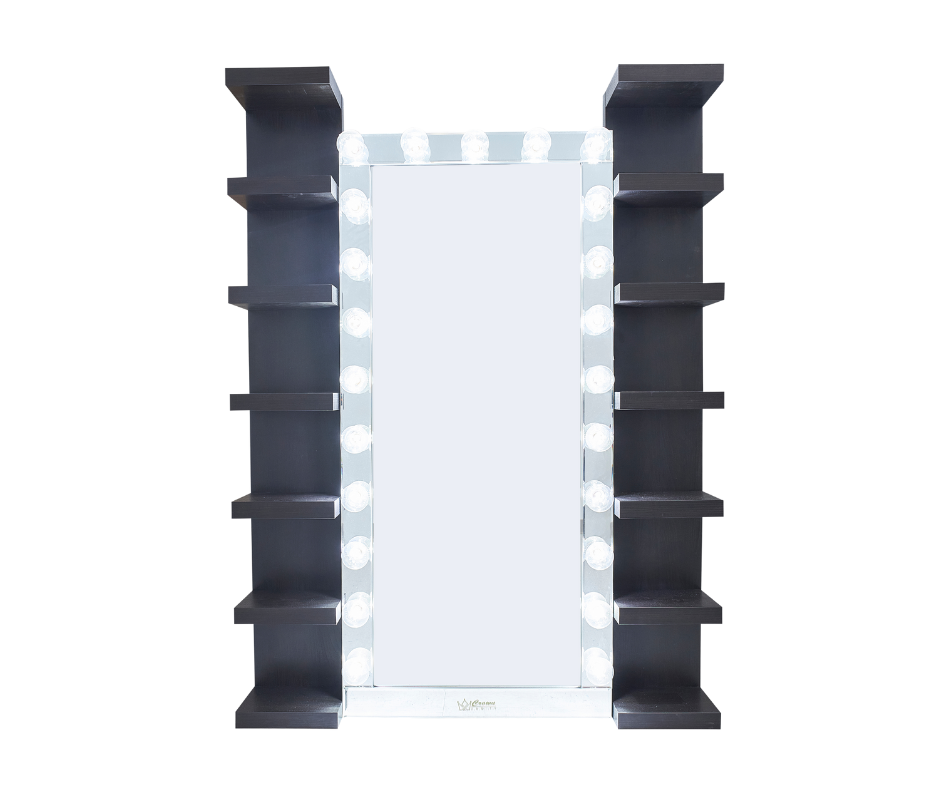Crown Vanity Reflection Glass Frame Full Length Bluetooth Hollywood Mirror & Black Shelf Bundle CrownVanity