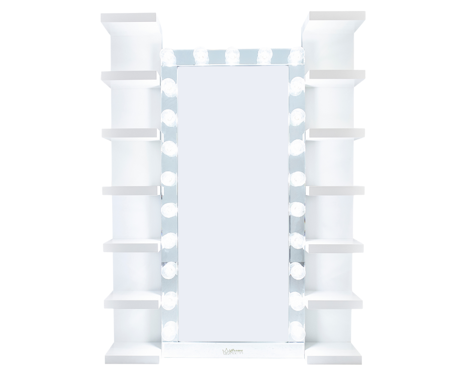 Crown Vanity Reflection Glass Frame Full Length Bluetooth Hollywood Mirror & Shelf Bundle CrownVanity