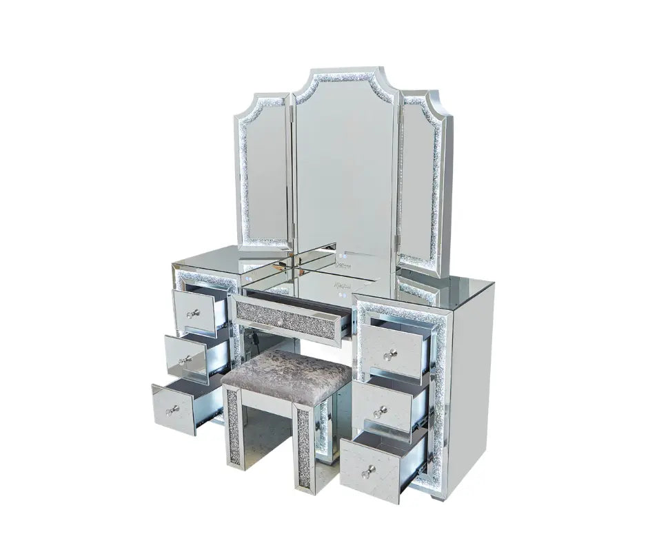 Oprah All Mirrored Glam Makeup Vanity Station With Stool - Crown Vanity 