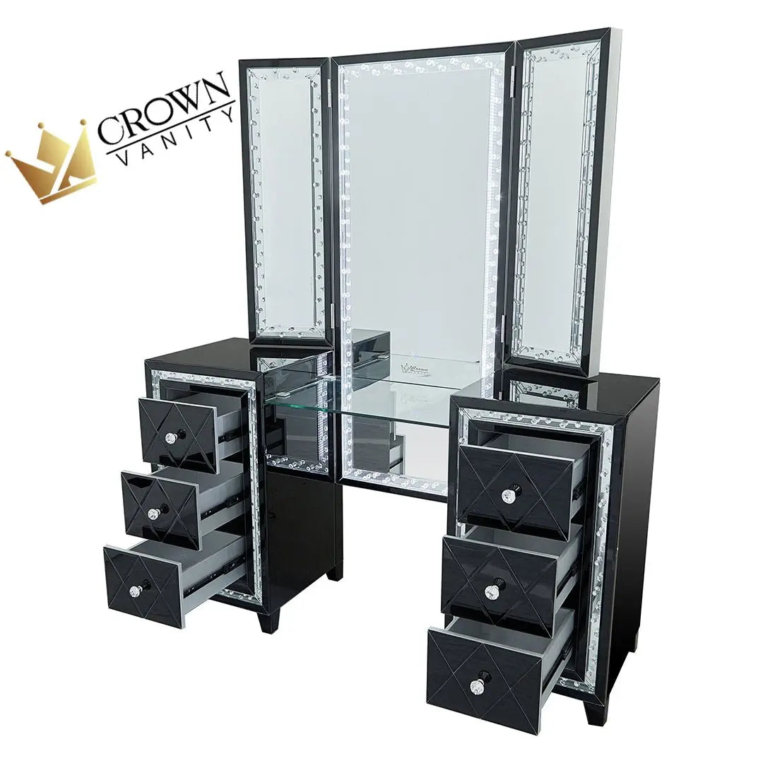Ruby All Black Mirrored Glam Makeup Vanity Station  W - STOOL CrownVanity