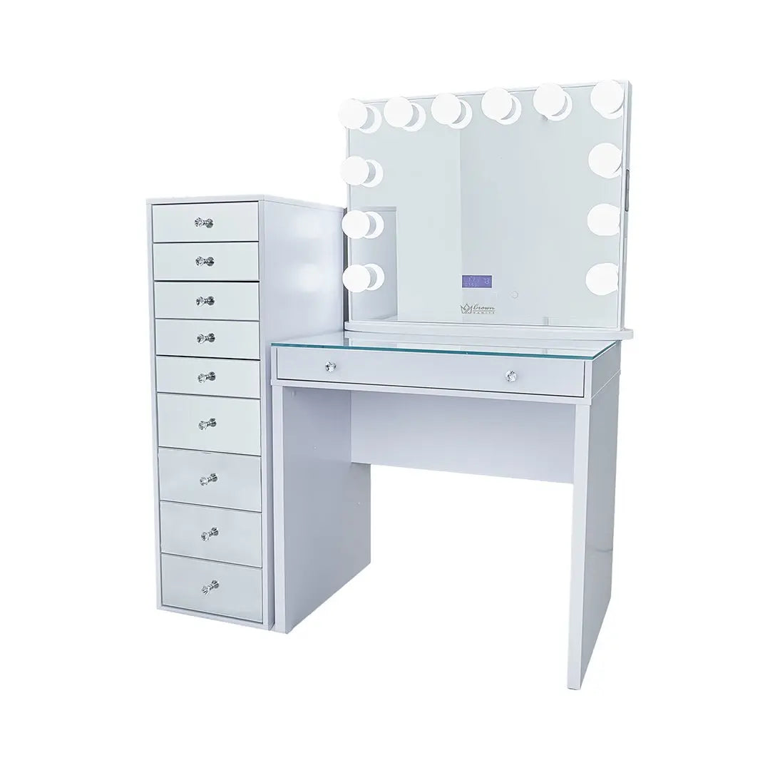 SlayStation Mini Table With Bluetooth Mirror White (bundel) + 9 Drawers Chest CrownVanity